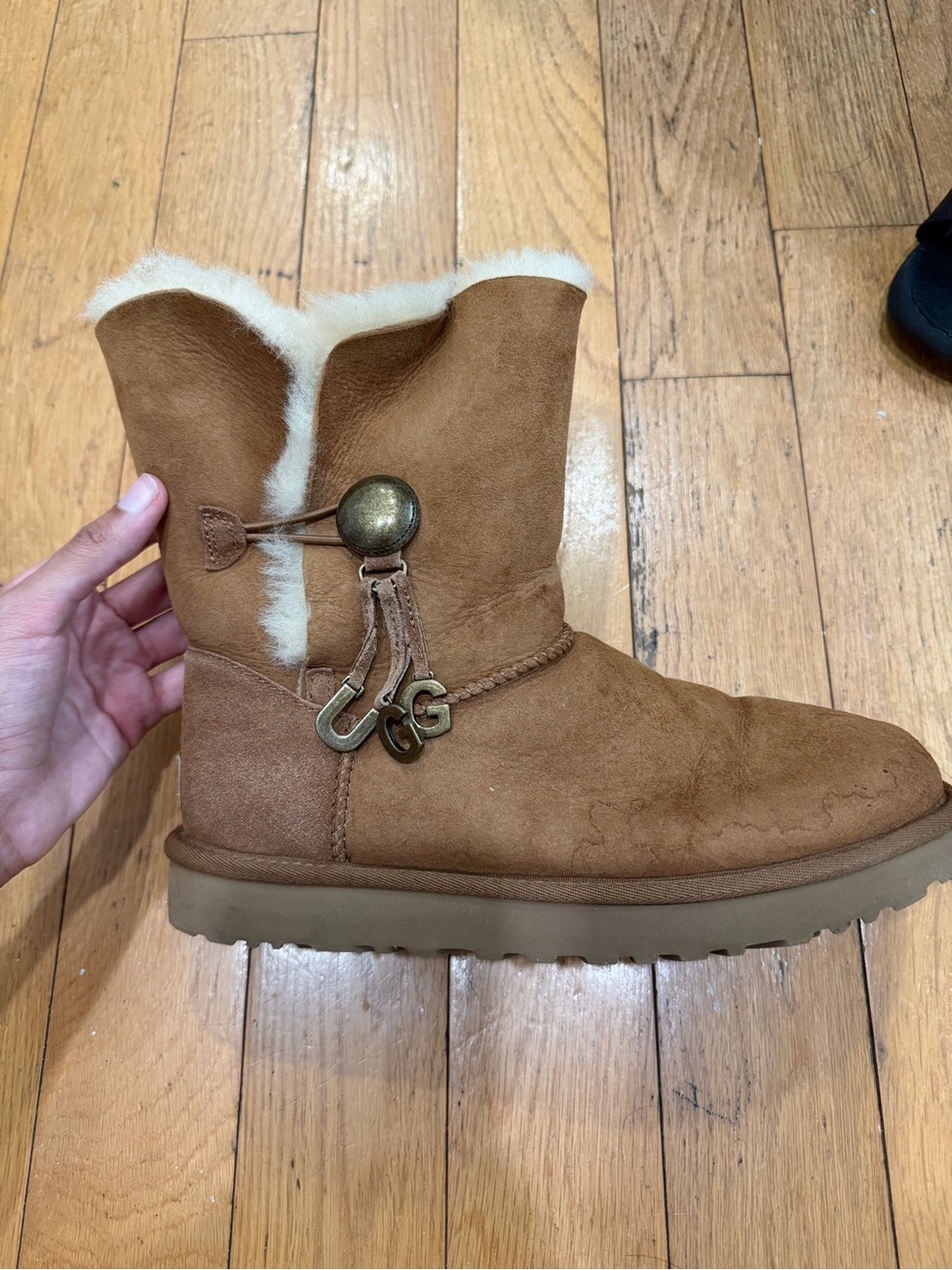 UGG Chestnut Suede Shearling Boot with Button Accent